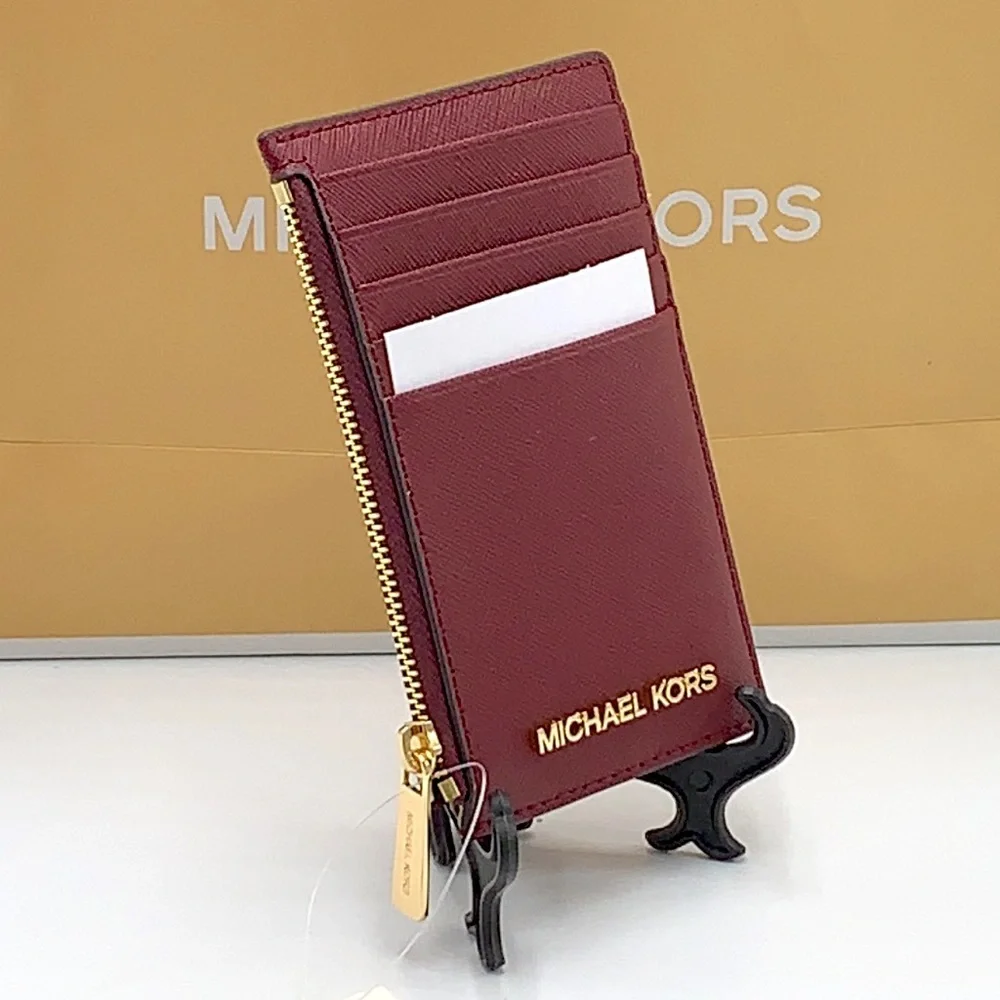 Michael Kors Jet Set Travel Medium Top Zip Card Case Wallet Dark Sherry color